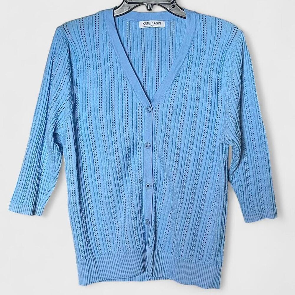 Kate Kasin Light Blue Knit V-Neck 3/4 Length Button Up Cardigan - Size 2XL